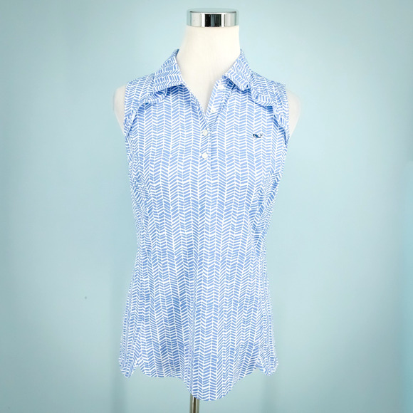 Vineyard Vines Size Small S Blue Print Ruffle Sleeveless Performance Polo Top - Picture 1 of 9